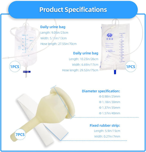 Set, 1 1 7 (40mm/1.58inch) Latex Condom Catheter External self-Sealing Premium Leg Bag tubing, Premium Urine Bag