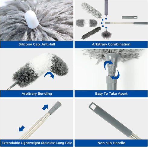 9Pcs Dusters for Cleaning Kit - Extendable Microfiber Duster Tools with 100" Long Pole for Home Use