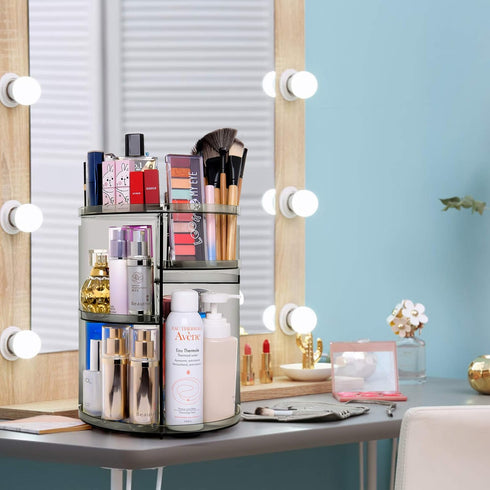 sanipoe 360 Rotating Makeup Organizer, Spinning Skincare Display Case with Brush Holder for Vanity Countertop