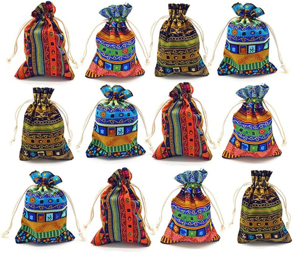 12pc Egyptian Style Jewelry Coin Pouches - Aztec Print Drawstring Gift Bag Party Accessories (12)