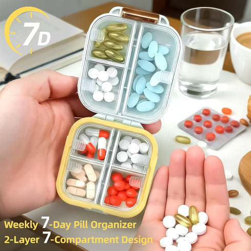 WMuxvia 2-Layer 7 Weekly Pill Organizer Compartments, Airtight Moisture-Proof Pill Box, Food-Grade Portable Travel Pill