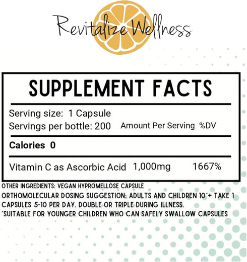 Vitamin C Capsules | Pure, Corn & GMO-Free | 1000 mg Vitamin C Per Capsule | 200 Capsules.