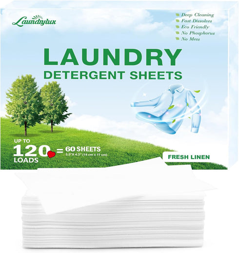 Laundry Detergent Sheets, Eco-Friendly & Hypoallergenic, 60 Sheets (120 Loads), Fresh Scent, No Plastic Jug