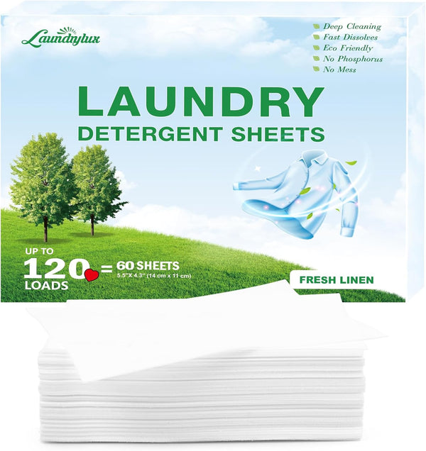Laundry Detergent Sheets, Eco-Friendly & Hypoallergenic, 60 Sheets (120 Loads), Fresh Scent, No Plastic Jug