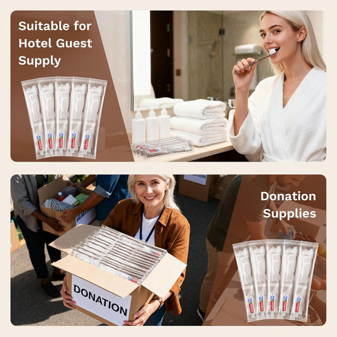 Packaged, (100-PACK) Disposable Toothbrushes with Toothpaste, Travel Toothbrush Kit, Individually Brown, with Floss