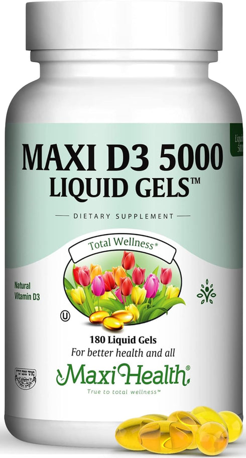 Maxi Health D3 5000 Liquid Gels, Natural Vitamin D3 Nutrition Supplement, 180 Capsules, Kosher