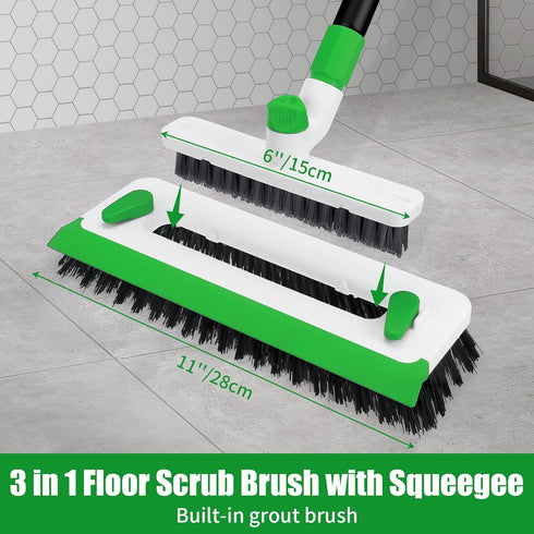 Xinran+ 3-in-1 Floor Scrub Brush with Long Handle, Scrape Scrubber Brush with Squeegee Stiff Bristle Deck Brush
