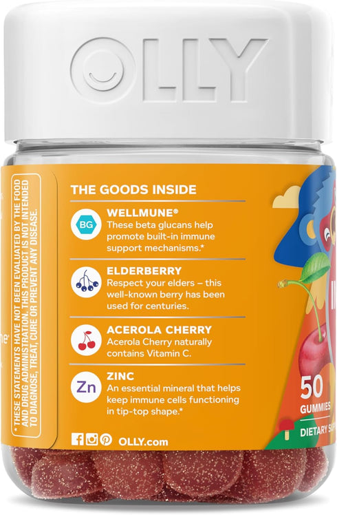 Immunity Gummy, Immune 50 Count OLLY Kids Support, Wellmune, Elderberry, Vitamin C, Zinc, Chewable Supplement, Cherry