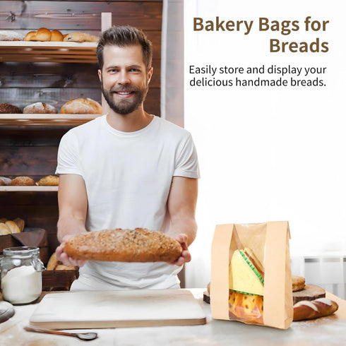 THNIOI 200 Pcs Paper Bread Bags, Large Kraft Bakery Bags for Biscuits and Snacks, Oil-proof, Includes Clear Windows