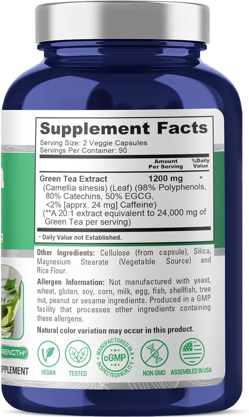 NusaPure Green Tea 20:1 Extract, 1200 mg, 180 Vegan Capsules, 50% EGCG