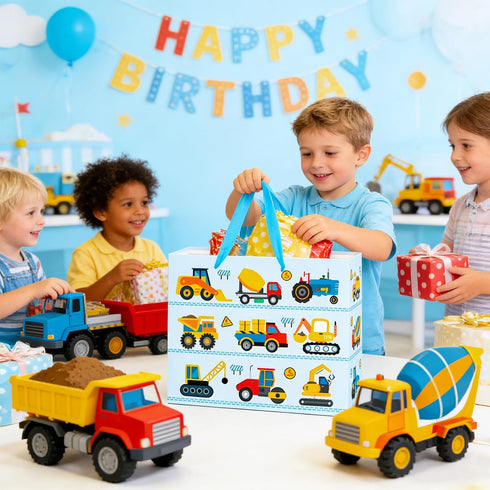 Large Construction Truck Birthday Gift Bag for Kid Blue New Baby Shower Bags with Blue Tissue Paper Birthday Card Baby