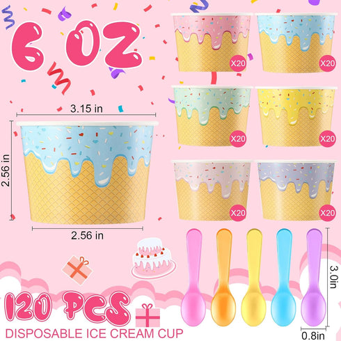 Jingmore 120 Set 6 oz Summer Paper Ice Cream Cups Bulk with Spoons Disposable Sundae Bowls Colorful Paper Dessert Cups