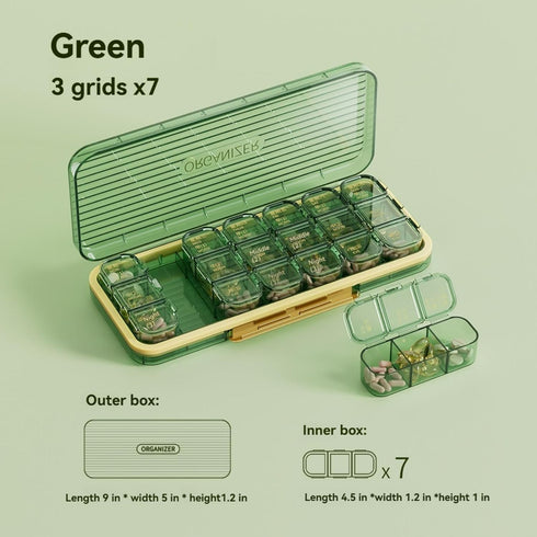 JWYTA 7-Day 14 21 (Green,21 (3 Pill Organizer or Compartment Weekly Medication Box with Dust-Resistant Cover