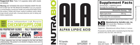 NutraBio Alpha Lipoic Acid (ALA) Supplement, 300mg, Supports Antioxidant Health, 90 Vegetable Capsules