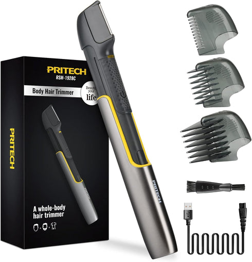 PRITECH Body Hair Trimmer for Men, Rechargeable Groomer with Guard Comb for Body, Face, Legs, and Beard