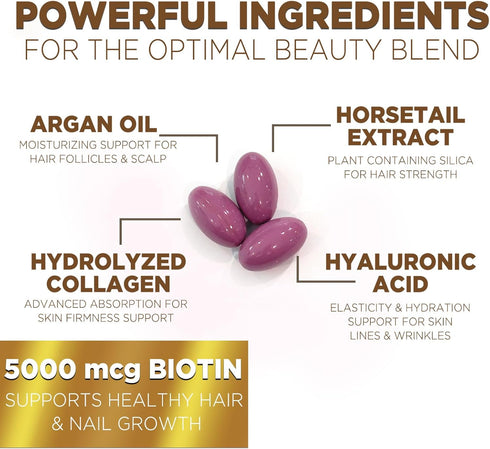 Hair Vitamins for Women - Ultra Strength 5000mcg Biotin Collagen & More - 120 Softgels for Hair Growth, Skin, Nails &