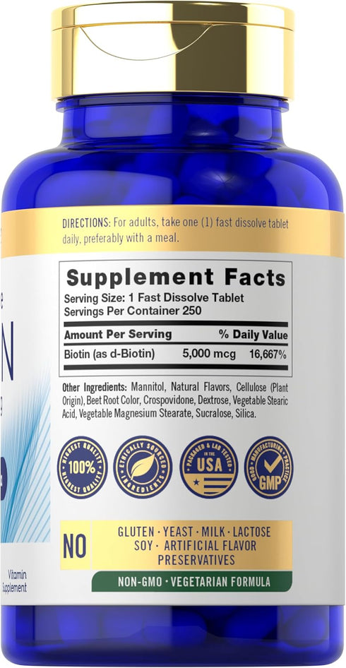 Carlyle Biotin 5000mcg | 250 Fast Dissolve Tablets | Vegetarian, Non-GMO, Gluten Free Supplement