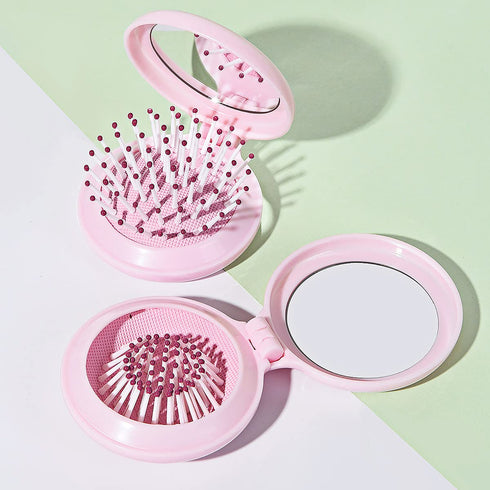 Mini Folding Hair Brush with Mirror, Compact Pop Up Pocket Brush, Small Travel Size Flip Hair Brush for Purse, Pink