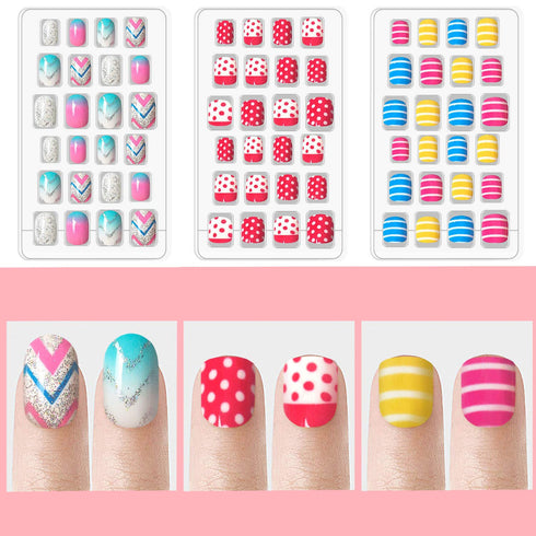 Laza 120pcs Children Nails Press On - Pre-glue Full Cover Nail Tip Kit, Glitter Gradient Color for Kids