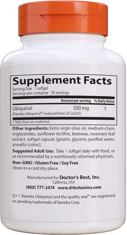 Doctor's Best Ubiquinol Featuring Kaneka QH, Non-GMO, Gluten Free, Heart Health, 200 Mg, 30 Softgels