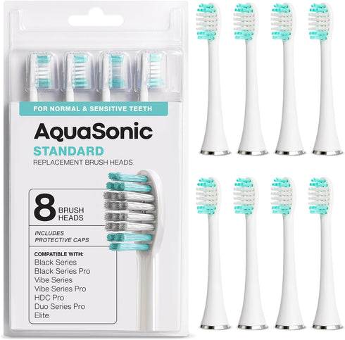 AquaSonic Standard Replacement Brush Heads for Normal & Sensitive Teeth - Compatible with Many AquaSonic Toothbrush