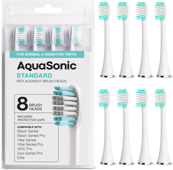 AquaSonic Standard Replacement Brush Heads for Normal & Sensitive Teeth - Compatible with Many AquaSonic Toothbrush