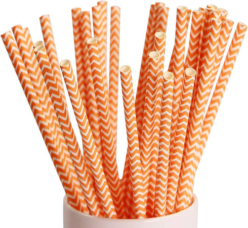 Webake 100 Pack Chevron Paper Straws, 7.75 Inch Disposable Biodegradable Straws, Orange Striped
