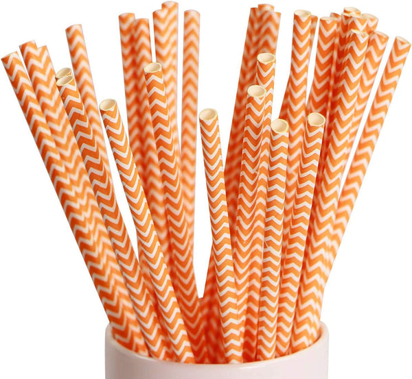Webake 100 Pack Chevron Paper Straws, 7.75 Inch Disposable Biodegradable Straws, Orange Striped