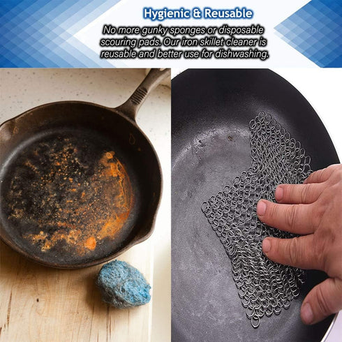 Washieldz Stainless-Steel Cast Iron Skillet Cleaner, Premium Chainmail Scrubber with Hanging Ring 6"x8" Square (Pack of