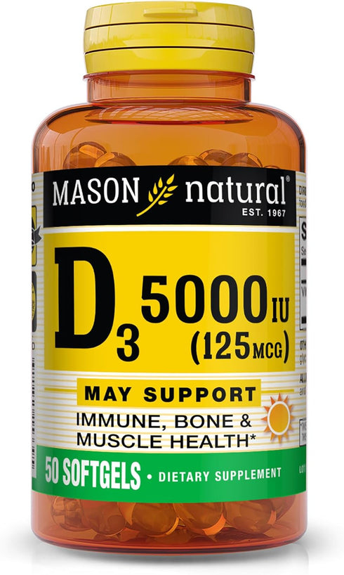 MASON NATURAL Vitamin D3 125 mcg (5000 IU), 50 Softgels, Supports Overall Health