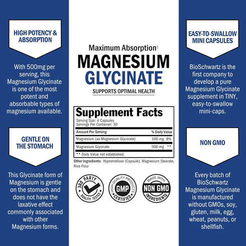 Magnesium Glycinate 500mg Capsules, 120 Mini Caps, Vegan Safe, Maximum Absorption Supplement for Nerves, Muscles