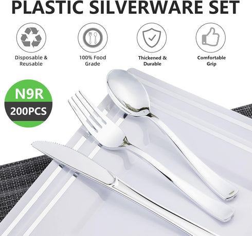 N9R 200pcs Plastic Silverware Set, Silver Plastic Cutlery with 100 Forks, 50 Spoons, 50 Knives for Party/Everyday Use
