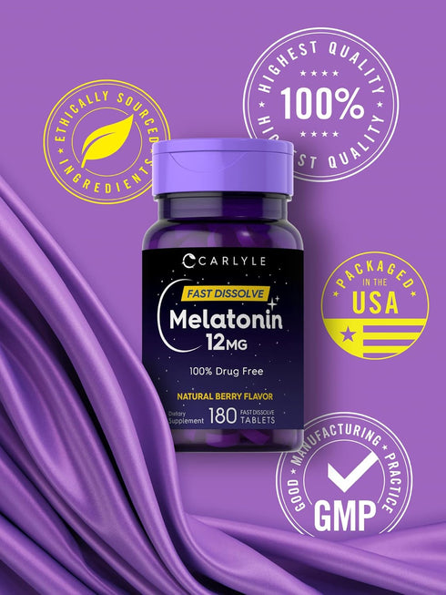 Carlyle Melatonin 12 mg Fast Dissolve Tablets, 180 Count, Drug Free, Natural Berry Flavor