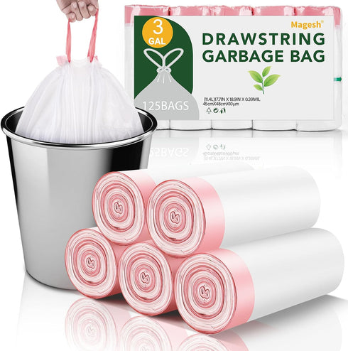 Magesh 3 Gallon Trash Bag Drawstring - White Small Mini Garbage Bags For