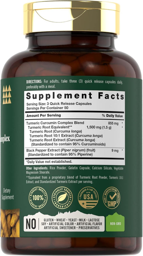 Turmeric Supplement | 1500 mg | 150 Capsules | Turmeric Curcumin Complex with Black Pepper | Non-GMO and Gluten Free