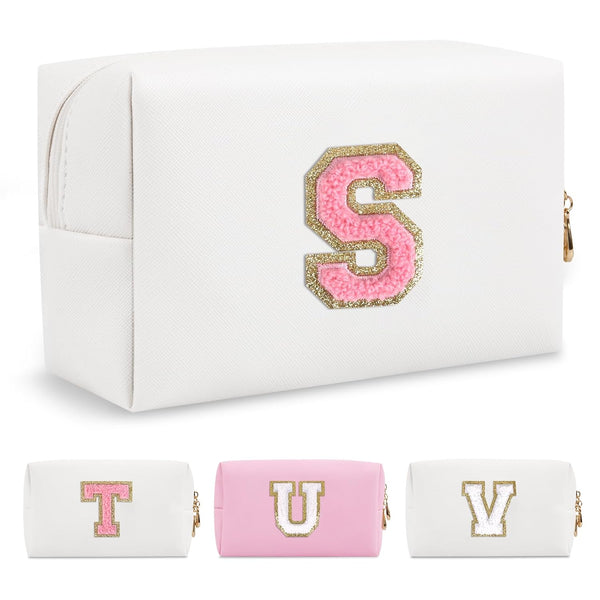 Personalized Makeup Bag with Initial A-Z, Small PU Leather Travel Cosmetic Pouch, White Toiletry Bag for Teen Girls