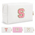 Personalized Makeup Bag with Initial A-Z, Small PU Leather Travel Cosmetic Pouch, White Toiletry Bag for Teen Girls