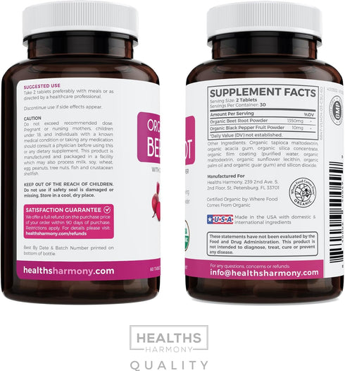USDA Organic Beet Root Powder, 60 Tablets, 1350mg Beets with Black Pepper for Extra Absorption, Athletic Performance