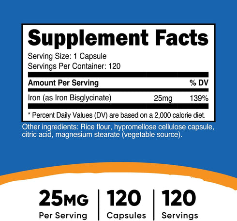 Nutricost Iron Bisglycinate Supplement (25mg) 120 Capsules - from Ferrous Bisglycinate Chelate - Non-GMO & Gluten-Free