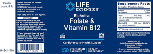 Life Extension BioActive Folate & Vitamin B12, 150 Vegetarian Capsules, Non-GMO, Gluten Free Supplement