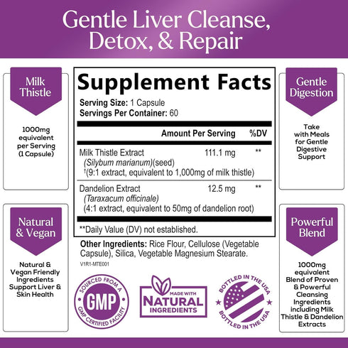 Nature's Milk Thistle 1000mg - Herbal Liver Supplement - Best Milk Thistle Liver Cleanse Detox & Repair Formula with Dandelion Root Extract & Silymarin Marianum, Supports Liver Health - 60 Capsules