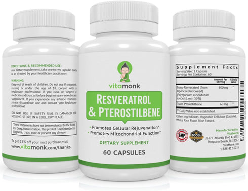VitaMonk Resveratrol with Pterostilbene, 60 Capsules, 600mg/60mg, Healthy Aging & Longevity Supplement, No Artificial