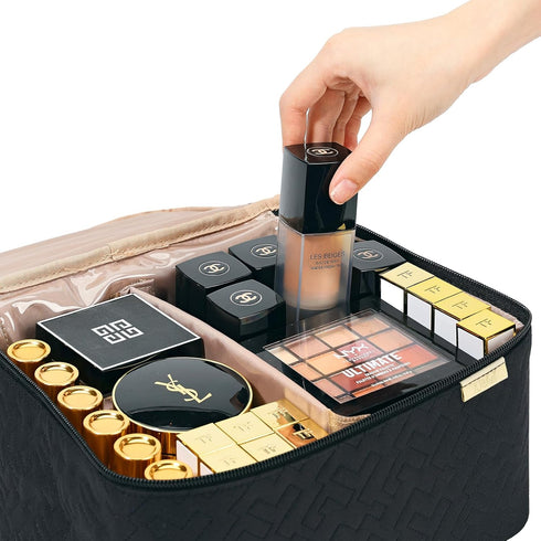 NISHEL Large Double Layer Travel Makeup Bag, Organizer for Travel-Size Accessories, Bottles, Brushes, Black