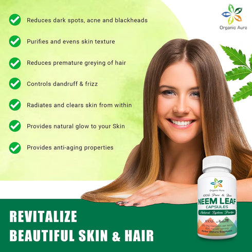 Organic Aura Neem Capsules, 100% Pure Superfood, Miracle Detoxifying Agent for Radiant Skin