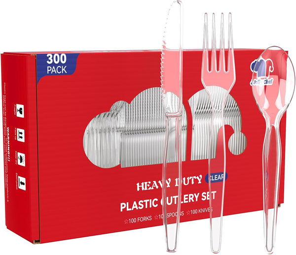 JOLLY CHEF 300 Count Plastic Cutlery Set, Clear Disposable Utensils, 100 Forks, 100 Spoons, 100 Knives for Party