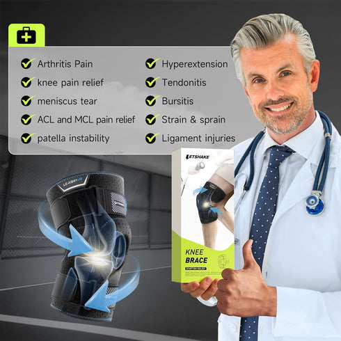 LETSHAKE Hinged Knee Brace for Men Women Adjustable Knee Support with Side Stabilizers for Knee Pain Relief, Meniscus