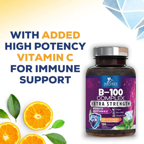 B Complex Vitamins with Folate, 120 Vegan Capsules, Energy, Brain & Immune Support for Women & Men