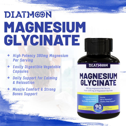 Magnesium Glycinate Capsules 380mg | 90 Counts | Non-GMO & Gluten Free | Muscle, Heart, Nerve Support, 45 Servings High