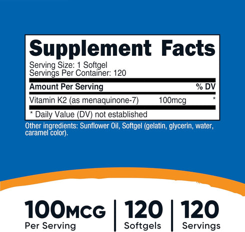 K2 MK-7 (100 120 Nutricost Vitamin Supplement mcg) Softgels - GMO-Free