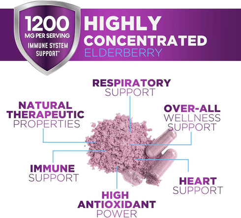 Elderberry Immune Support Capsules - 10:1 Extract, 60 Count, Vegan, Sugar & Gluten Free, Natural Sambucus Black
